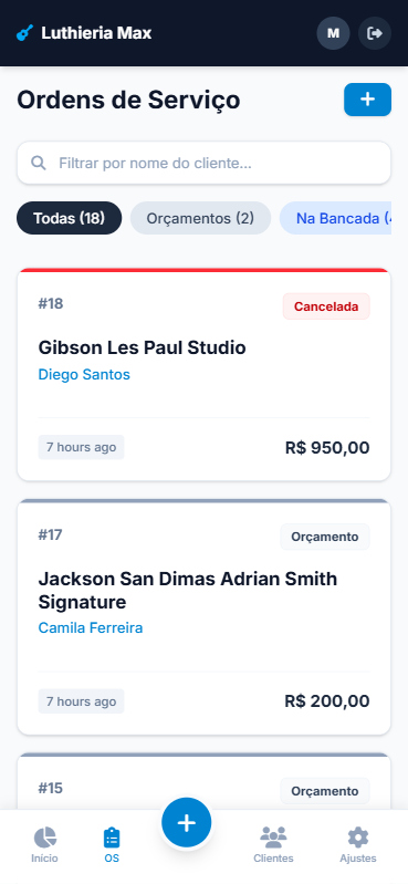Lista de ordens de serviço no celular